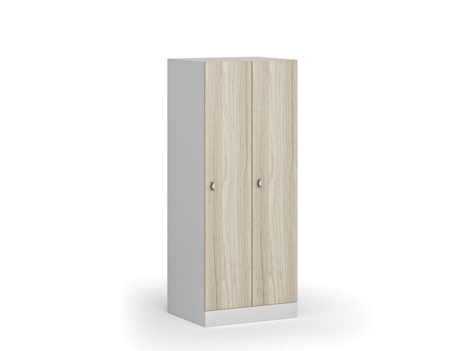 Snížená šatní skříňka, 2 oddíly, 1500 x 600 x 500 mm, otočný zámek, laminované dveře, dub přírodní