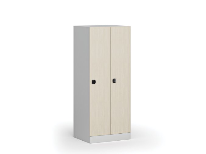 Snížená šatní skříňka, 2 oddíly, 1500 x 600 x 500 mm, kódový zámek, laminované dveře, bříza