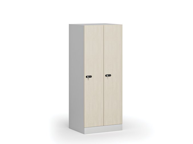 Snížená šatní skříňka, 2 oddíly, 1500 x 600 x 500 mm, mechanický kódový zámek, laminované dveře, bříza