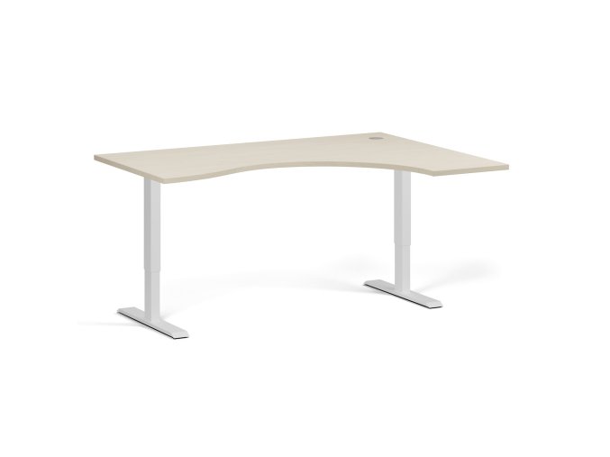 Ergonomický výškově nastavitelný stůl. 160x120 cm, 2 motory, L/P, bílá podnož, bříza