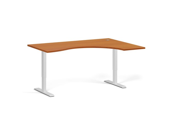 Ergonomický výškově nastavitelný stůl. 160x120 cm, 2 motory, L/P, bílá podnož, třešeň