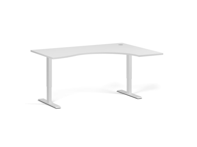Ergonomický výškově nastavitelný stůl. 160x120 cm, 2 motory, L/P, bílá podnož, bílá