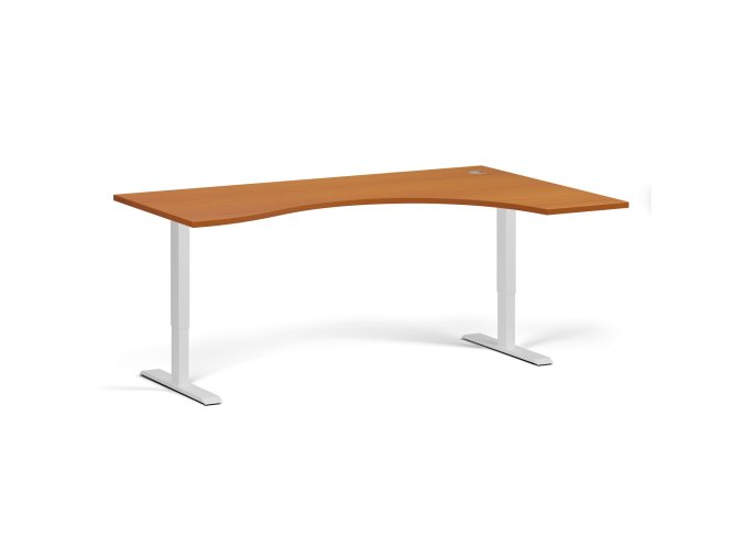 Ergonomický výškově nastavitelný stůl. 180x120 cm, 2 motory, L/P, bílá podnož, třešeň