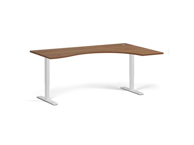 Ergonomický výškově nastavitelný stůl. 180x120 cm, 2 motory, L/P, bílá podnož, ořech