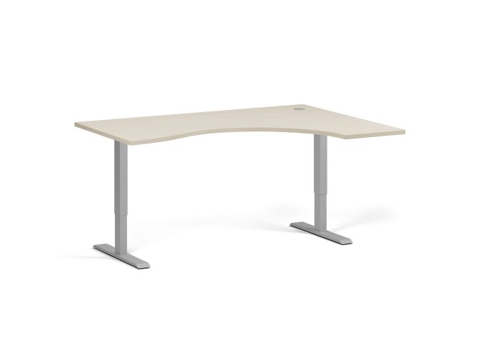 Ergonomický výškově nastavitelný stůl. 160x120 cm, 2 motory, L/P, šedá podnož, bříza
