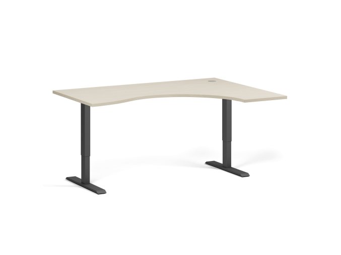 Ergonomický výškově nastavitelný stůl. 160x120 cm, 2 motory, L/P, černá podnož, bříza