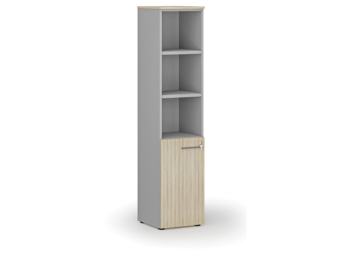 Kombinovaná kancelářská skříň PRIMO GRAY, dveře na 2 patra, 400 x 420 x 1781 mm, šedá/dub přírodní