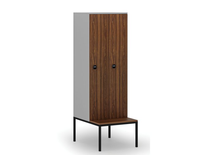 Dřevěná šatní skříňka s lavičkou, 2 oddíly, 1871 x 600 x 500/800 mm, RFID zámek, šedá/ořech