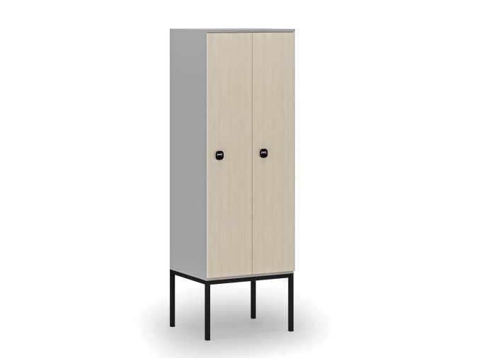 Dřevěná šatní skříňka s podnoží, 2 oddíly, 1871 x 600 x 500 mm, RFID zámek, šedá/bříza