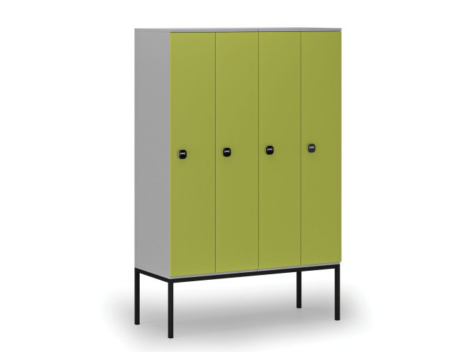Dřevěná šatní skříňka s podnoží, 4 oddíly, 1871 x 1200 x 500 mm, RFID zámek, šedá/zelená