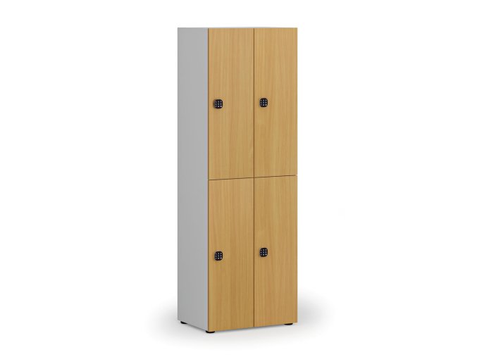 Dřevěná šatní skříňka s úložnými boxy, 4 boxy, kódový zámek, šedá/buk