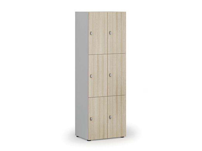 Dřevěná šatní skříňka s úložnými boxy, 6 boxů, otočný zámek, šedá/dub přírodní