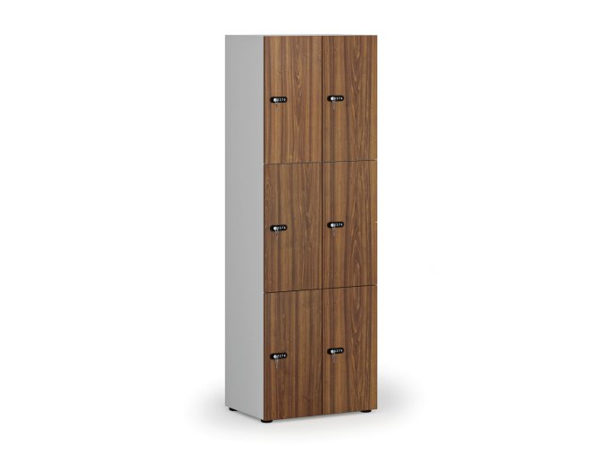 Dřevěná šatní skříňka s úložnými boxy, 6 boxů, mechanický kódový zámek, šedá/ořech