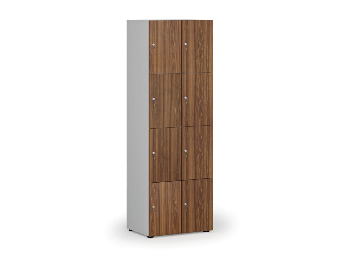 Dřevěná šatní skříňka s úložnými boxy, 8 boxů, cylindrický zámek, šedá/ořech