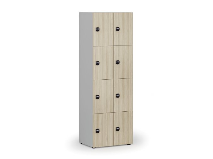 Dřevěná šatní skříňka s úložnými boxy, 8 boxů, RFID zámek, šedá/dub přírodní