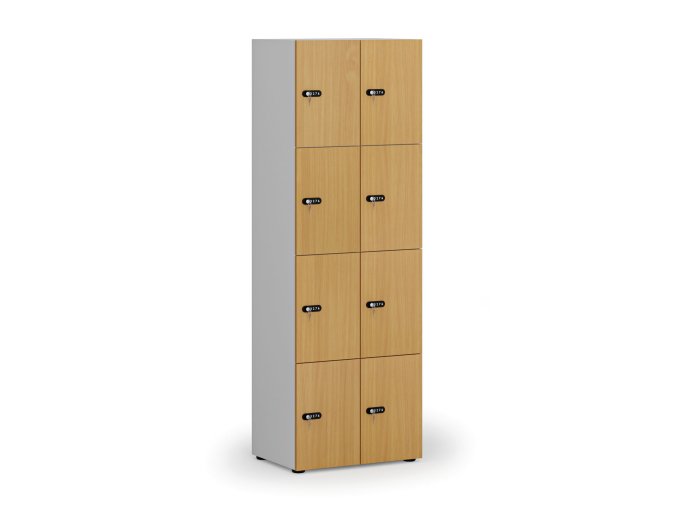 Dřevěná šatní skříňka s úložnými boxy, 8 boxů, mechanický kódový zámek, šedá/buk