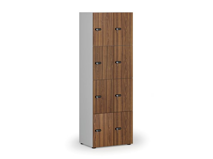 Dřevěná šatní skříňka s úložnými boxy, 8 boxů, mechanický kódový zámek, šedá/ořech