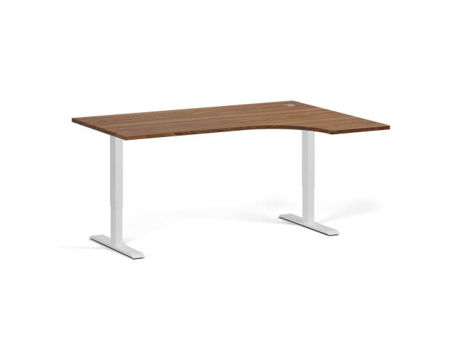 Rohový výškově nastavitelný stůl, 160x120 cm, 1 motor, L/P, bílá podnož, ořech