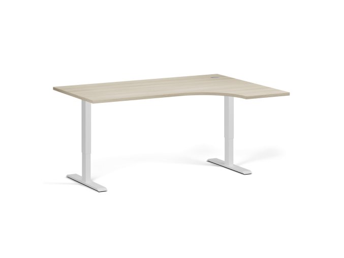Rohový výškově nastavitelný stůl, 160x120 cm, 1 motor, L/P, bílá podnož, dub přírodní