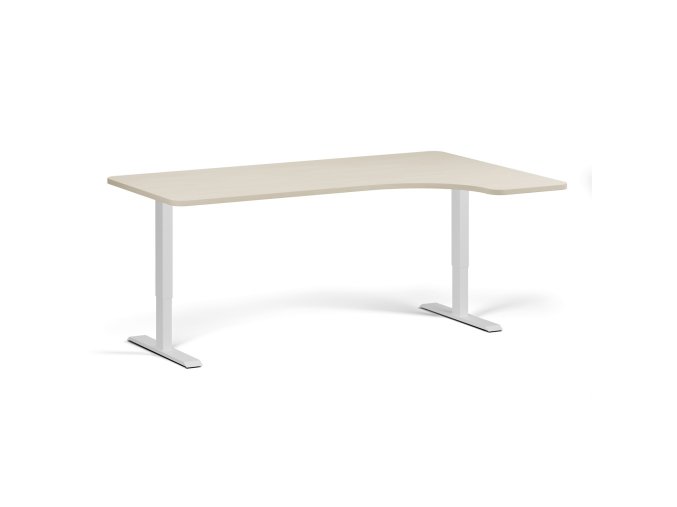 Rohový výškově nastavitelný stůl, 180x120 cm, 1 motor, L/P, bílá podnož, bříza