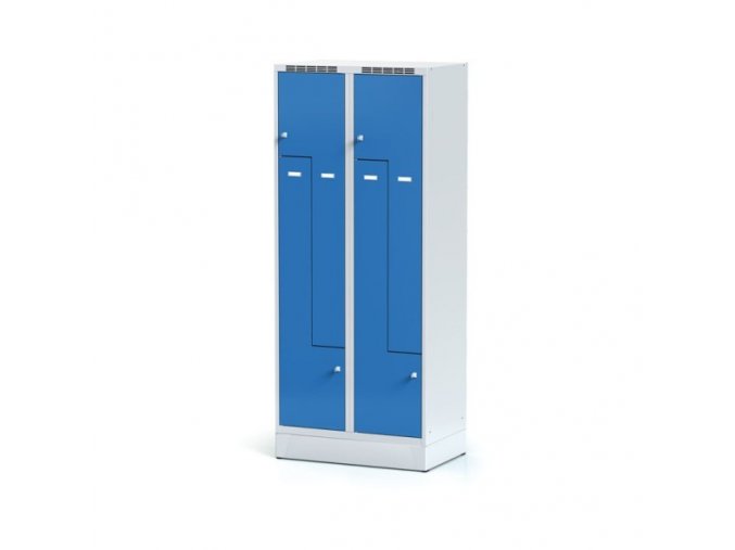 Kovová šatní skříňka Z na soklu, 4 oddíly, modré dveře, cylindrický zámek