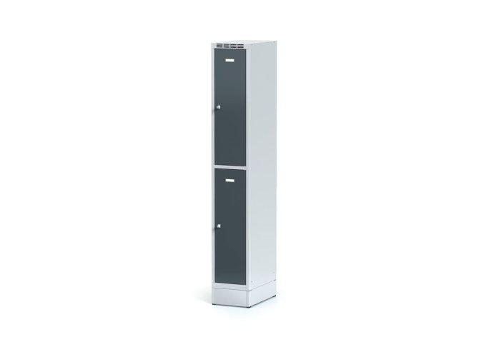 kovova satni skrinka s uloznymi boxy na soklu 2 boxy 1920 x 300 x 500 mm otocny zamek tmave sede dvere 12715