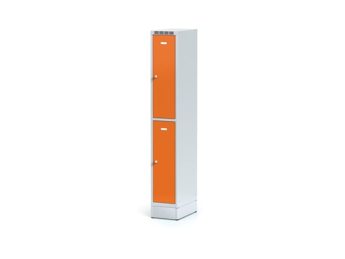 kovova satni skrinka s uloznymi boxy na soklu 2 boxy 1920 x 300 x 500 mm cylindricky zamek oranzove dvere 11238