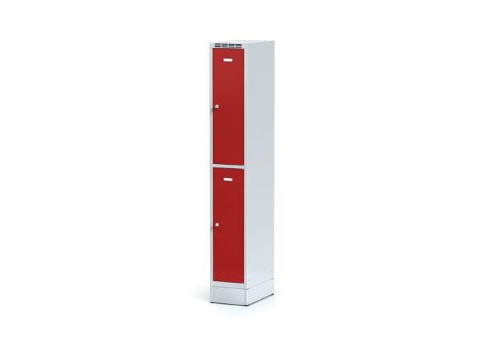 kovova satni skrinka s uloznymi boxy na soklu 2 boxy 1920 x 300 x 500 mm otocny zamek cervene dvere 11239