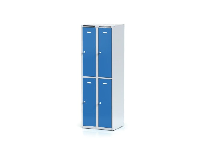 Kovová šatní skříňka s úložnými boxy, 4 boxy, 1800 x 600 x 500 mm, cylindrický zámek, modré dveře