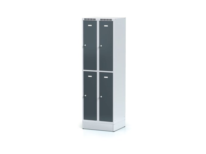kovova satni skrinka s uloznymi boxy na soklu 4 boxy 1920 x 600 x 500 mm otocny zamek tmave sede dvere 12717