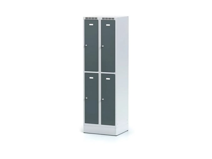 kovova satni skrinka s uloznymi boxy na soklu 4 boxy 1920 x 600 x 500 mm cylindricky zamek tmave sede dvere 126220
