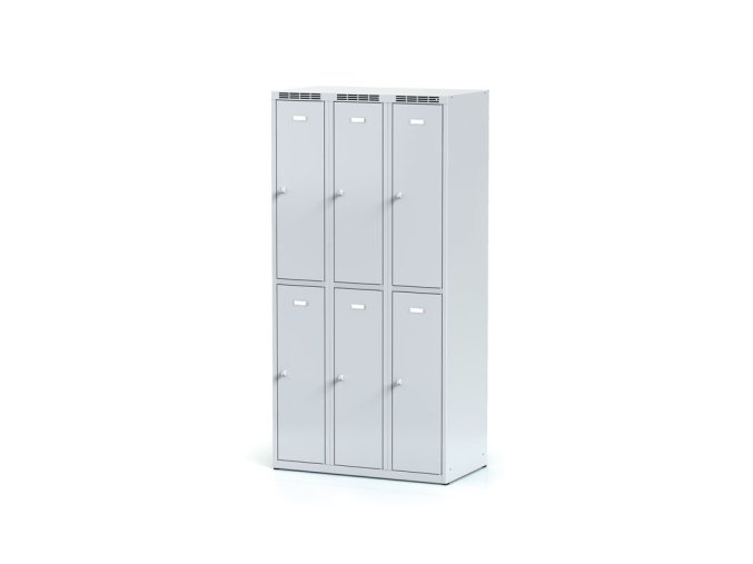 Kovová šatní skříňka s úložnými boxy, 6 boxů, 1800 x 900 x 500 mm, cylindrický zámek, šedé dveře