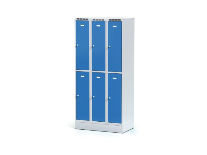 Kovová šatní skříňka s úložnými boxy na soklu, 6 boxů, 1920 x 900 x 500 mm, cylindrický zámek, modré dveře