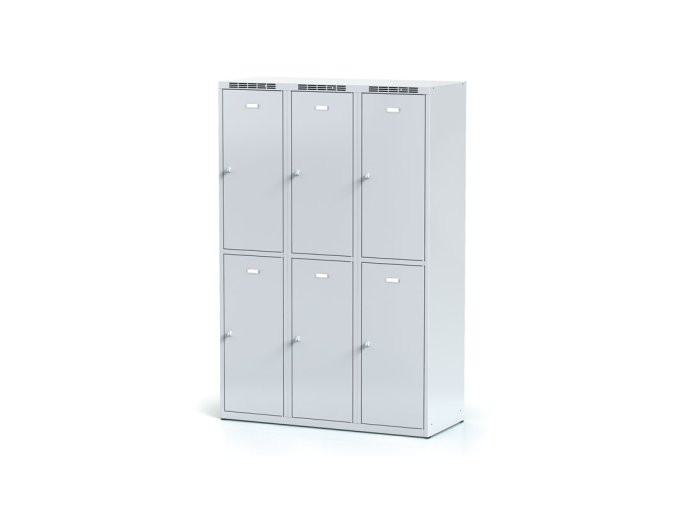 Šatní skříňka s úložnými boxy, 6 boxů, 1800 x 1200 x 500 mm, cylindrický zámek, šedé dveře