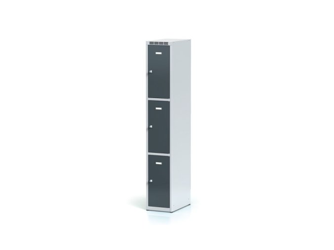 Šatní skříňka s úložnými boxy, 3 boxy, 1800 x 300 x 500 mm, cylindrický zámek, tmavě šedé dveře