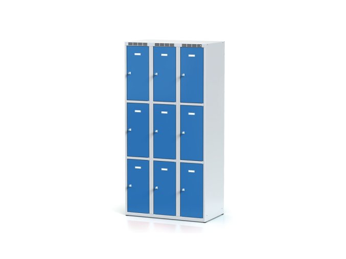 Šatní skříňka s úložnými boxy, 9 boxů, 1800 x 900 x 500 mm, otočný zámek, modré dveře