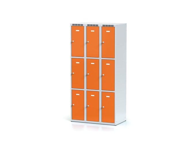 Šatní skříňka s úložnými boxy, 9 boxů, 1800 x 900 x 500 mm, otočný zámek, oranžové dveře