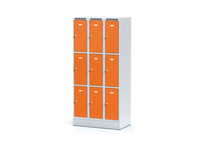 Šatní skříňka s úložnými boxy na soklu, 9 boxů, 1920 x 900 x 500 mm, cylindrický zámek, oranžové dveře