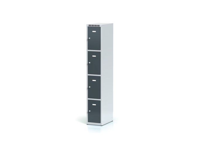 Šatní skříňka s úložnými boxy, 4 boxy, 1800 x 300 x 500 mm, cylindrický zámek, tmavě šedé dveře
