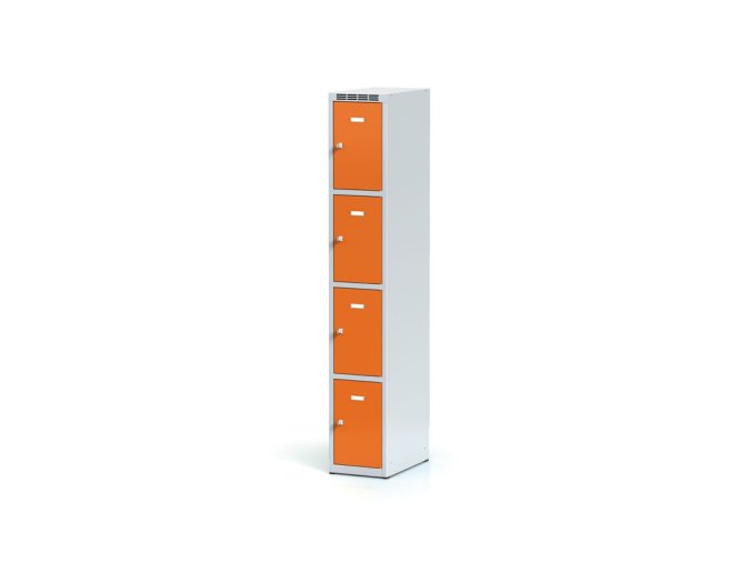 Šatní skříňka s úložnými boxy, 4 boxy, 1800 x 300 x 500 mm, otočný zámek, oranžové dveře