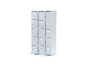Šatní skříňka s úložnými boxy, 15 boxů, 1800 x 900 x 500 mm, cylindrický zámek, šedé dveře
