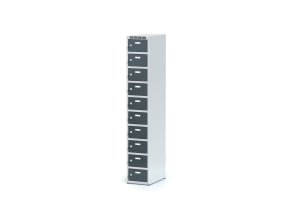 Šatní skříňka s úložnými boxy, 10 boxů, 1800 x 300 x 500 mm, otočný zámek, tmavě šedé dveře