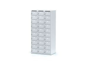 Šatní skříňka s úložnými boxy, 30 boxů, 1800 x 900 x 500 mm, cylindrický zámek, šedé dveře