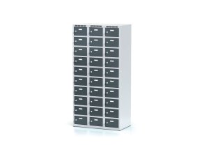 Šatní skříňka s úložnými boxy, 30 boxů, 1800 x 900 x 500 mm, cylindrický zámek, tmavě šedé dveře