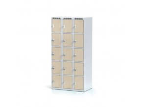 Šatní skříňka s úložnými boxy, 15 boxů 300 mm, laminované dveře bříza, cylindrický zámek