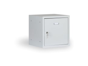Šatní skříňka s uzamykatelným boxem 400 x 400 x 400 mm, cylindrický zámek, šedé dveře