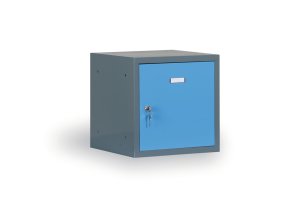 Šatní skříňka s uzamykatelným boxem 400 x 400 x 400 mm, cylindrický zámek, tmavě šedá, modré dveře