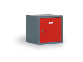 Šatní skříňka s uzamykatelným boxem 400 x 400 x 400 mm, cylindrický zámek, tmavě šedá, červené dveře