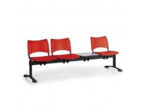 Plastová lavice do čekáren VISIO, 3-sedák, se stolkem, červená, černé nohy
