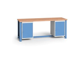 Dílenský stůl KOVONA, 2 závěsné skříňky na nářadí, buková spárovka, pevné nohy, 2100 mm